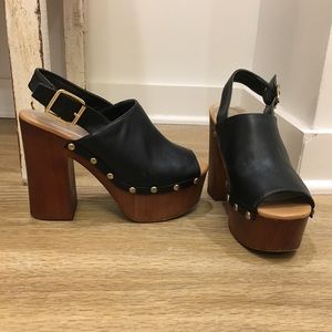 Black leather platform chunky heel studded